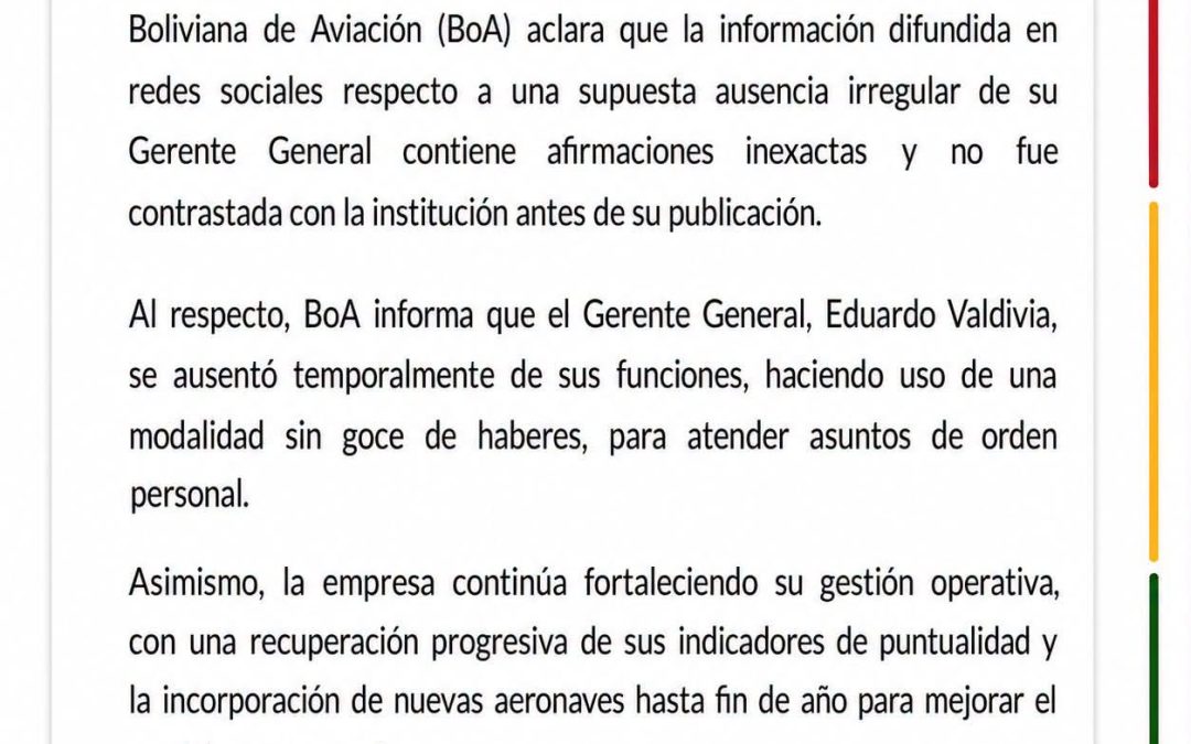 ESTATAL AÉREA NIEGA DESERCIÓN DEL GERENTE Y SEÑALA QUE EL VIAJE TIENE RESPALDO ADMINISTRATIVO